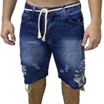 Kit 3 Shorts Jeans Rasgada Com Cordão - Azul Médio, Azul Claro e Preto