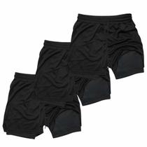 Kit 3 Shorts Treino Dry Fit Térmico 2 em 1 com Bolso para Celular e Porta-Toalha Calção Fitness Academia