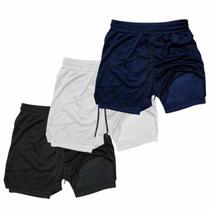 Kit 3 Shorts Treino Dry Fit Térmico 2 em 1 com Bolso para Celular e Porta-Toalha Calção Fitness Academia