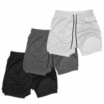 Kit 3 Shorts Treino Masculino Academia 2 em 1 com Forro Ajustado e Bolso
