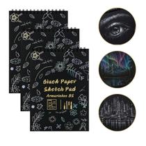 Kit 3 Sketchbook Pad Caderno Desenho Artístico Ilustração Papel Preto 150g/m² 25 Folhas Capa Dura Espiral A4 ou A5 Black -