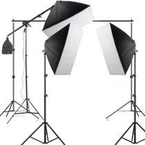 Kit 3 softbox de 1 lâmpada com 3 tripés de 1,9m e 1 Girafa e Suporte de fundo fotográfico