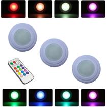 Kit 3 Spots Luminárias Lâmpadas Redondas Sem Fio RGB Coloridas Multicolor Led Com Controle Remoto Para Paredes Armários - XT