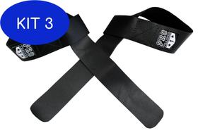 Kit 3 Strap Fita Couro Preto Barra Musculação