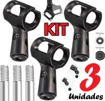 Kit 3 Suporte Cachimbo Apoio De Microfone Dinâmico Universal Serve Para Todos Modelos Pedestal Rosca Com Engate Rápido