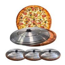 Kit 3 Suportes Bandeja Para Cortar E Servir Pizza 25Cm Com Tampas