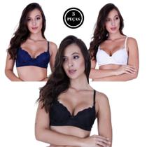 Kit 3 Sutia Básico Renda com Bojo - c12 KIT 3 CARINE PRETO MARINHO BRANCO