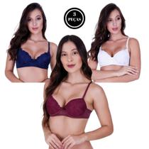 Kit 3 Sutia Básico Renda com Bojo - c12 KIT 3 SUTIÃ CARINE VINHO MARINHO BRANCO