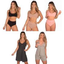 Kit 3 Sutiã de Amamentação +3 Calcinha Cós Alto Pós Parto +1 Camisola +1 Baby Doll Pijama Conjunto Amamentar Sutian Reforçado Calsinha Cintura Algodão - La Vitta Lingerie Feminino Confortável Gestante de Maternidade