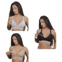 Kit 3 Sutiã de amamentação Algodão e Renda Reforçado Soutien Pós Parto Gestante Amamentar