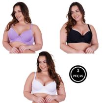 Kit 3 Sutiã Plus Size Bojão Reforçado Liso Básico- c5 KIT 3 SUTIÃ NATHÁLIA LILÁS PRETO E BRANCO