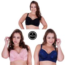 Kit 3 Sutiã Plus Size Bojão Sustentação e Alça Larga Reforçada - c8 KIT 3 CAROL PRETO ROSA MARINHO