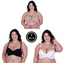 Kit 3 Sutiã Plus Size com Bojo Base Cruzada Alça Reforçada Bojão Reforçado Alice PRETO BEGE BRANCO