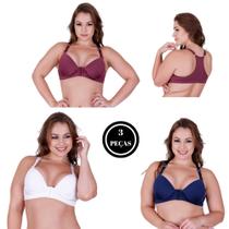 Kit 3 Sutiã Plus Size Fecho Frontal Alça Reforçada - c6 KIT 3 SUTIÃS NADADOR BRANCO VINHO MARINHO