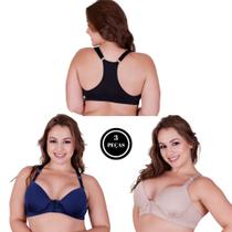 Kit 3 Sutiã Plus Size Fecho Frontal com Alça Reforçada -c6 KIT 3 NADADOR MARINHO BEGE PRETO