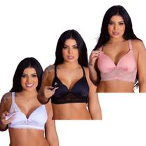 Kit 3 Sutiãs Amamentação com Bojo para Gestante e PósParto Maternidade Abertura Frontal Alças Ajustáveis Confortáveis Femininos