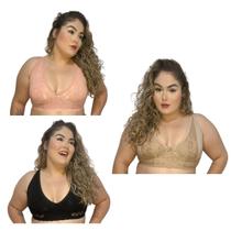 Kit 3 Sutiãs de Algodão PLUS SIZE com Renda Sem Bojo Feminino Soutien Rendado Alta Sustentação Reforçado Seios Grandes