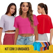 KIT 3 T-shirt Blusinha CROPPED LISO Fitness Camiseta Feminina Corrida Academia 874