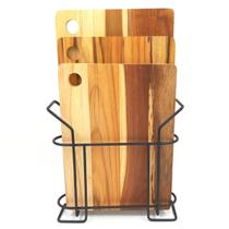 Kit 3 Tábuas De Corte Madeira Teca Com Suporte Aramado De Metal Preto Stolf