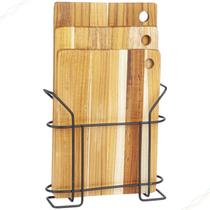 Kit 3 Tabuas de Madeira Teca para Carne Churrasco com Suporte de Metal