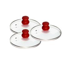 Kit 3 Tampas Vidro Temperado 20, 26, 28 cm Puxador Vermelho