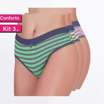 KIT 3 Tangas Conforto Algodão Cotton Listrada Feminina
