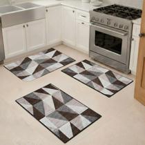 Kit 3 Tapetes de Cozinha Jacquard para Pia e Porta Antiderrapante COR:TRIÂNGULO BEGE