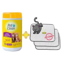 Kit 3 Tapetes Higiênicos P/Pets + Lenços Umedecidos Para Gatos Pet Clean 75uni