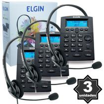 Kit 3 Telefones Headset com Base Discadora Teclado e Identificador de Chamadas Elgin HST 8000 Preto