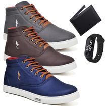 Kit 3 Tênis Casual Cano Alto + Relógio Digital + Carteira