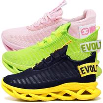 Kit 3 Tênis Feminino de Academia Corrida Leve Confortável Rosa/Amarelo