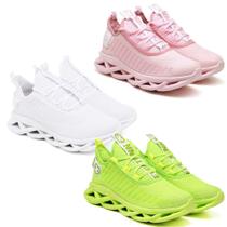 Kit 3 Tênis Feminino de Academia Corrida Leve Confortável Rosa/Branco
