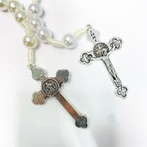 Kit 3 Terços São Bento perolado religioso medalha crucifixo prata clássico devocional