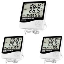 Kit 3 Termo Higrômetro Digital Medidor de Temperatura e Umidade Interna x Externa com Relógio e Despertador