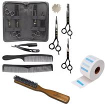 Kit 3 Tesoura Barbeiro Preto Gola Higiênica E Escovinho