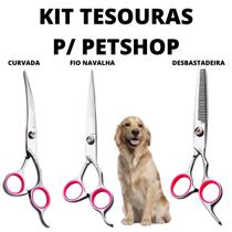 Kit 3 Tesoura Desbastadeira Fio Navalha E Curvada P/ Petshop