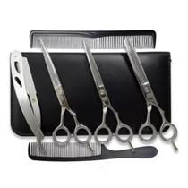 Kit 3 Tesoura Prata Fio Laser Fio Navalha Desfiadeira + Navalha + Estojo