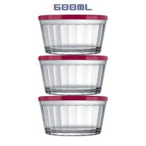Kit 3 Tigelas de Vidro Americano 600ml Tampa Colorida Nadir