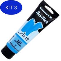 Kit 3 Tinta Acrílica Arts Azul Brilhante 137