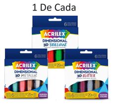 Kit 3 Tinta Dimensional Relevo 3D 6 Cores - Acrilex 1 De Cada + Nota Fiscal