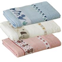 Kit ( 3 ) Toalha de Banho KazzaVip Infantil 100% Algodão Jacquard Barra para Bordar Funny Branco e Azul e Rosa Kit ( 3 ) Toalha de Banho KazzaVip Infantil 100% Algodão Jacquard Barra para Bordar Funny Branco e Azul e Rosa