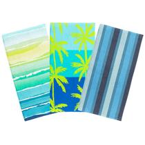Kit 3 Toalha Piscina Praia 140x70cm Macia Estampada 100% Poliéster Ondas Coqueiro Listrada