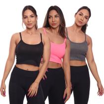 Kit 3 Top Cropped Alcinha Canelado Feminino Lisa Básica