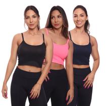 Kit 3 Top Cropped Alcinha Canelado Mulher Lisa Blusa Blusinha Básica Treino Academia