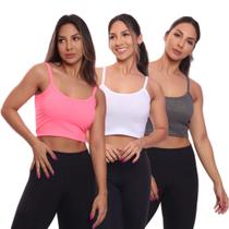 Kit 3 Top Cropped Alcinha Canelado Mulher Lisa Blusa Blusinha Básica Treino Academia