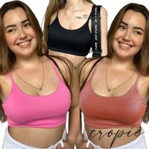 Kit 3 Top Cropped Canelado Faixa Alça Fina Fitness Cropie