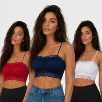 Kit 3 Top Faixas Rendado Sem Bojo Feminino Cores Sortidas Conforto Estilo Versatilidade Poliéster Elastano Para Dia a Dia e Looks Ousados Kit 3 Top Faixas Rendado Sem Bojo Feminino Cores Sortidas Conforto Estilo Versatilidade Poliéster Elastano Para Dia a Dia e Looks Ousados