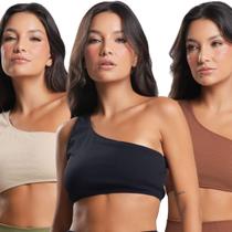 KIT 3 Top Fitness Canelado Feminino Bella Fiore Academia Ombro Só Poliamida Assimétrico Mula Manca Tamanho:PCor:Preto+M