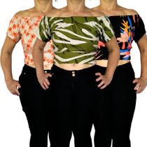 Kit 3 Tops Ciganinha Ombro a Ombro Elástico Barra Estampas Sortidas Viscolycra Pp ao Plus Size Kit 3 Tops Ciganinha Ombro a Ombro Elástico Barra Estampas Sortidas Viscolycra Pp ao Plus Size