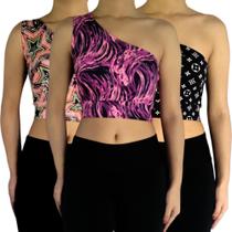 Kit 3 Tops Femininos Cropped Regata Um Ombro Mula Manca Estampas Sortidas Suplex PP ao Plus Size Kit 3 Tops Femininos Cropped Regata Um Ombro Mula Manca Estampas Sortidas Suplex PP ao Plus Size